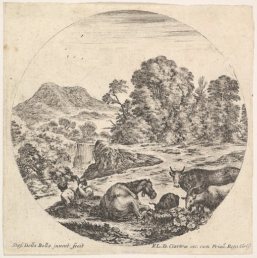 Plate 10: a horse lying down, a cow and two goats, two seated shepherds, a waterfall and a mountain in the background, from "Roman landscapes and ruins" (Paysages et ruines de Rome)