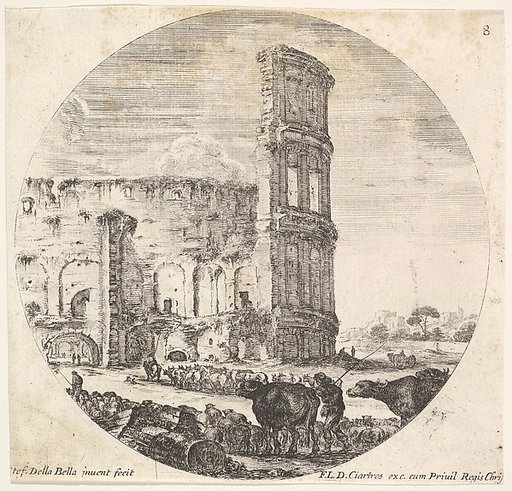 Plate 8: the Colosseum, two herds being directed towards the amphitheater in the foreground, from "Roman landscapes and ruins" (Paysages et ruines de Rome)
