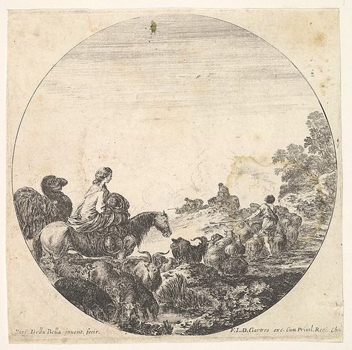 Plate 5: a woman carrying a child on a horse to left, a camel following her, a herd of goats, sheep, and a shepherd in front of her to right, from "Roman landscapes and ruins" (Paysages et ruines de Rome)