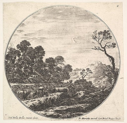 Plate 6: cows crossing a valley to left, a group of trees to left, a horseman and other cows in the background, from "Roman landscapes and ruins" (Paysages et ruines de Rome)