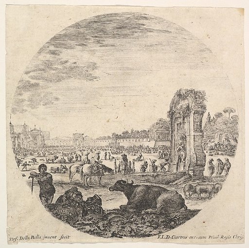 Plate 2: Campo Vaccino, a buffalo and two shepherds in center, the Fontanone, various animals and people in the background, from "Roman landscapes and ruins" (Paysages et ruines de Rome)