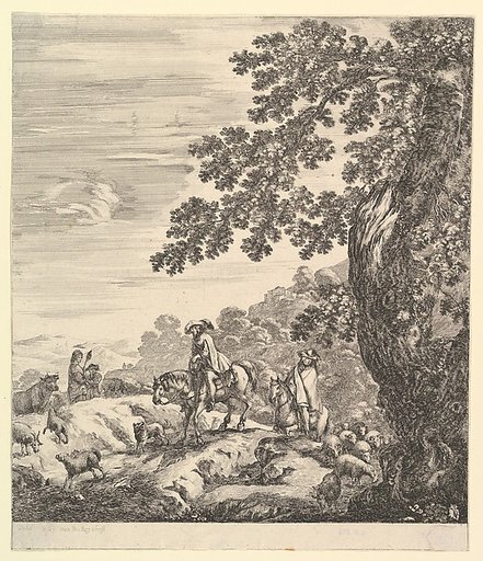 Two horsemen, a peasant woman and a young boy, with a large tree, from "Six large views, four of Rome and two of the Roman countryside" (Six grandes vues, dont quatre de Rome et deux de la Campagne romaine)