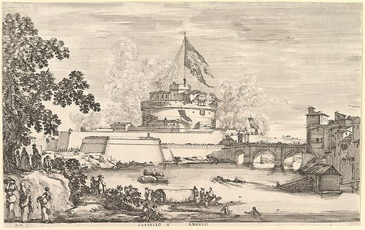 View of the Tiber river, a large tree to left, two groups of women to left in the foreground, a bridge leading to the Castello Sant'Angelo to left, above which a large flag is hoisted, clouds of gunsmoke to right and left of the castle