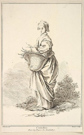 Contadina, plate 11 from "Recueil de diverses fig.res étrangeres Inventées par F. Boucher P.tre du Roy et Gravées par F. Ravenet" (Collection of Various Foreign Figures, Devised by F. Boucher, Painter of the King and Engraved [etched] by F. Ravenet)