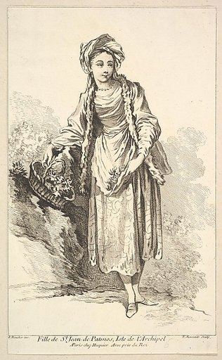 Fille de St. Jean de Patmos, Isle de l'Archipel, plate 6 from "Recueil de diverses fig.res étrangeres Inventées par F. Boucher P.tre du Roy et Gravées par F. Ravenet" (Collection of Various Foreign Figures, Devised by F. Boucher, Painter of the King and Engraved [etched] by F. Ravenet)