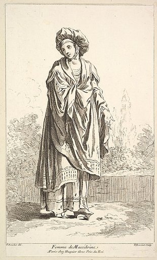 Femme de Macédoine, plate 12 from "Recueil de diverses fig.res étrangeres Inventées par F. Boucher P.tre du Roy et Gravées par F. Ravenet" (Collection of Various Foreign Figures, Devised by F. Boucher, Painter of the King and Engraved [etched] by F. Ravenet)