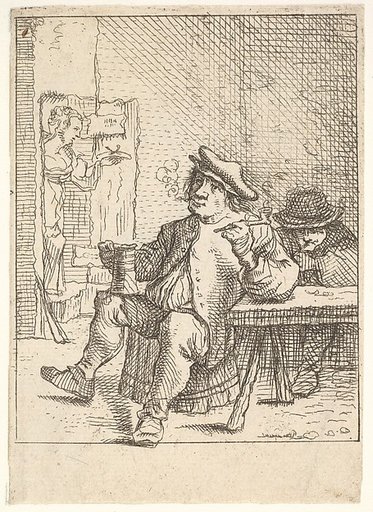 Male peasant smoking a pipe and holding a drinking cup, his left elbow resting on a table, another man seated at the table, a waitress walking through a doorway beyond