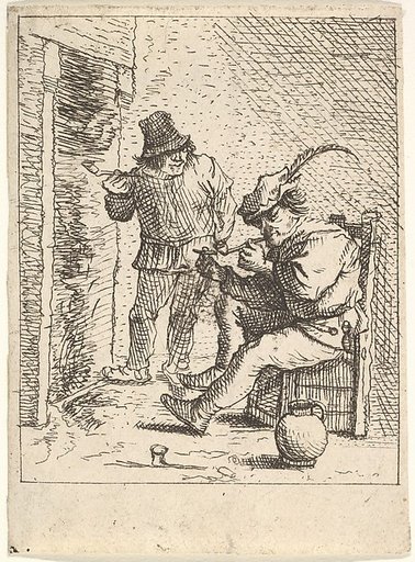 Two male peasants holding pipes before a fireplace, one seated with the pipe held to his mouth, to his left the other stands with the pipe in his right hand