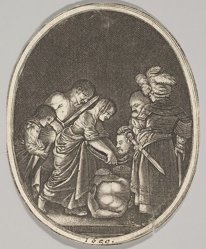 Salome receiving the head of John the Baptist, surrounded by three men and a child bearing a torch, the Baptist's body lies on the ground