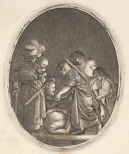Salome receiving the head of John the Baptist, surrounded by three men and a child bearing a torch, the Baptist's body lies on the ground