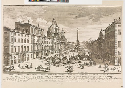 View of the Piazza Navona, Rome, with the church of St Agnese at left and Bernini's fountain in the middle