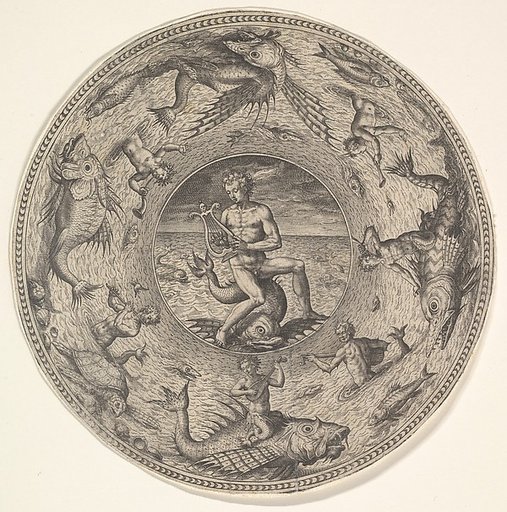 Arion on a Dolphin surrounded by a Border decorated with Sea Creatures, from a set of circular designs with sea gods