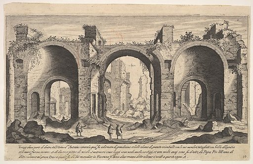 View of the Baths of Caracalla, indicating with inscribed letter 'A' the places from which columns were reportedly taken by Pope Pius IV to be sent to the Grand Duke of Florence, plate 19 from "Ruins of the antiquity of Rome, Tivoli, Pozzuoli, and other places" (Vestigi della antichità di Roma, Tivo