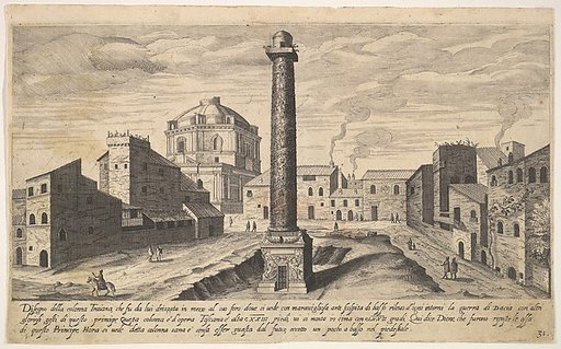 View of the column of Trajan, shown with its pedestal dug out from the earth, surrounded by buildings at the base of the Quirinal Hill, Rome, plate 31 from "Ruins of the antiquity of Rome, Tivoli, Pozzuoli, and other places" (Vestigi della antichità di Roma, Tivoli, Pozzvolo et altri luochi)