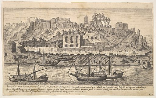 View from the west of ruins of the Aventine Hill, Rome, with boats on the river Tiber in the foreground, plate 21 from "Ruins of the antiquity of Rome, Tivoli, Pozzuoli, and other places" (Vestigi della antichità di Roma, Tivoli, Pozzvolo et altri luochi)