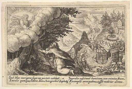 Noah kneeling before God at left, the construction of the ark underway beyond, from "Liber Genesis"