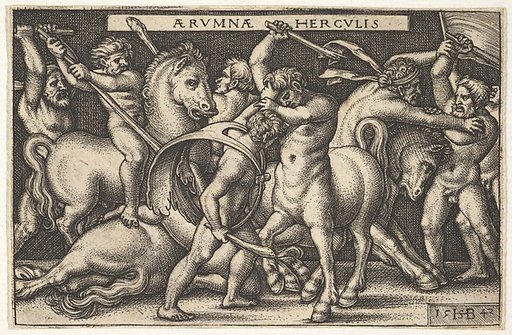 Hercules with his club in center fighting a centaur, other men fighting centaurs to left and right, from "The Labors of Hercules"