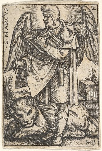 Saint Mark, his head turned in profile to the left, with an open book in his right hand and a lion at his feet, plate 2 from "The Four Evangelists"