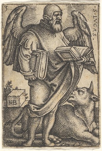 Saint Luke with his head turned in profile to the right, a book in each hand, a bull at his feet, plate 3 from "The Four Evangelists"