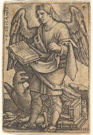 Saint John with his head turned three-quarters to the left, with a book in his right hand and an eagle at his fee, plate 4 from "The Four Evangelists"