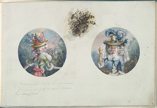 Two Costume Designs or Portrait Types of Two Women with Straw Hats