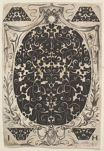 Oval Pendant Decorated  with Schweifwerk, Surrounded by Smaller Motifs and Crowned by a Baldachin