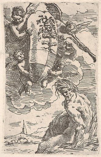 Allegory of the Foglia River and the city of Pesaro's coat of arms, frontispiece for "Il Pesarese"
