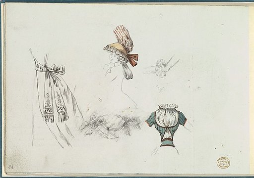 Costume Design Sketches including a Bouffant Skirt, Hat, and Bodice