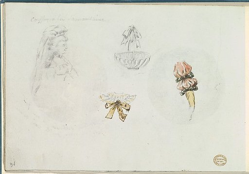 Four Costume Design Sketches of a Woman, a Basket, a Collar, and a Sleeve