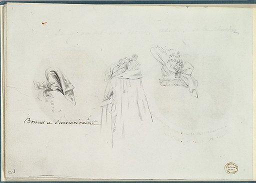 Three Costume Sketches of a Bonnet, a Cloak, and a Hat