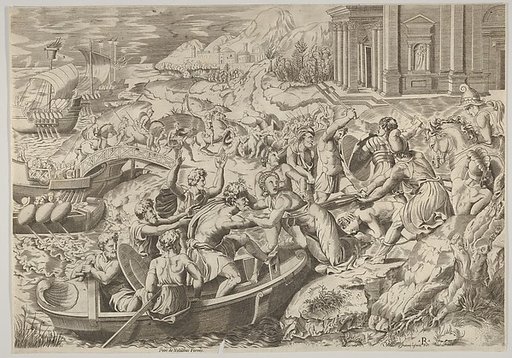 The abduction of Helen; battle scene on a shore with two men pulling Helen into a boat at center and another man pulling on her drapery in the opposite direction