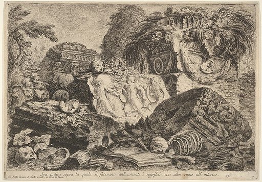 Plate 7: Ancient altar on which sacrifices were performed in antiquity, surrounded by other ruins (Ara antica sopra la quale si facevano anticamente i sagrifizi, con altre ruine all' intorno), from "Part one of architecture and perspectives: drawn and etched by Gio. Batt'a Piranesi, Venetian Archite