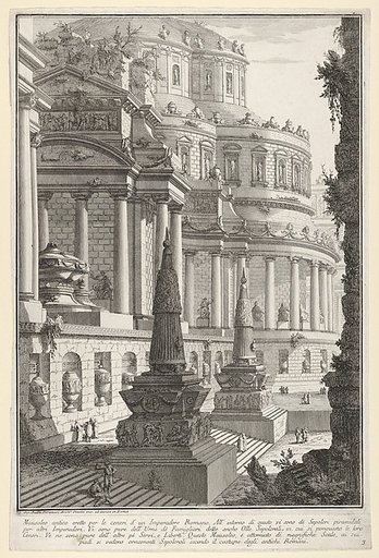 Plate 3: Ancient mausoleum erected for the ashes of a Roman emperor (Mausoleo antico eretto per le ceneri d'un imperadore romano), from "Part one of architecture and perspectives: drawn and etched by Gio. Batt'a Piranesi, Venetian Architect: dedicated to Nicola Giobbe" (Prima parte di Architetture, 