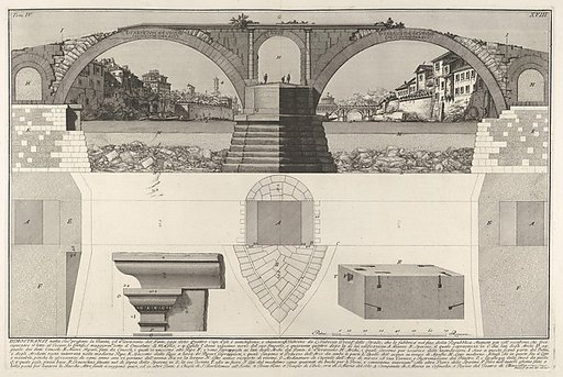 Plan and elevation of the Pons Fabricius (also known as the Quattro Capi Bridge), Rome, from "Le Antichità Romane"