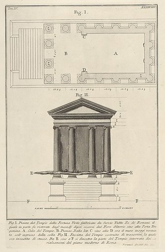 Plan and facade of the Temple of Fortuna Virilis (Tempio della Fortuna Virile), from "Le Antichità Romane"