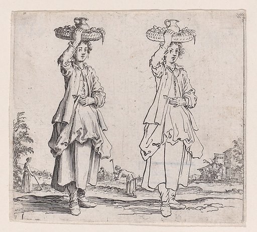 La Paysanne Vue de Face, Tenant un Panier sur sa Tête (The Peasant Woman Viewed from the Front with a Basket on her Head), from "Varie Figure" (Various Figures)