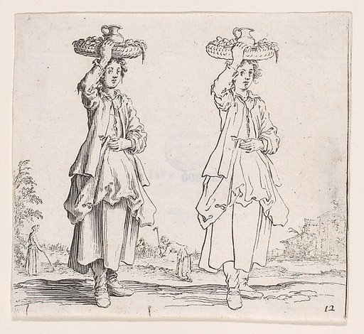 La Paysanne Vue de Face, Tenant un Panier sur sa Tête (The Peasant Woman Viewed from the Front with a Basket on her Head), plate 12 from "Varie Figure" (Various Figures)