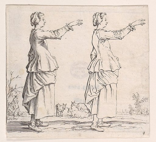 La Paysanne Torunée a Droite, la Main Tendue en Avant (The Peasant Woman Turned to the Right, her Hand Extended Forward), plate 9 from "Varie Figure" (Various Figures)