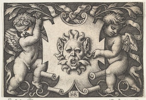 A Mask on an Escutcheon Supported by Two Genii