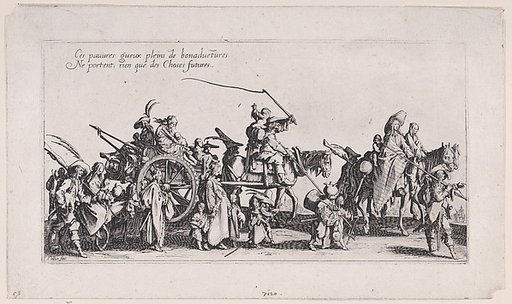 Procession of Roma men, women, and children with horse-drawn cart