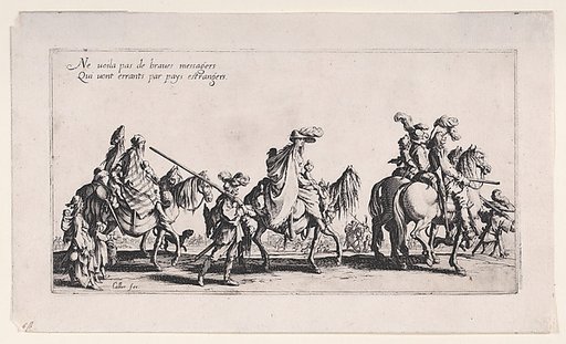 Roma men, women, and children on horseback and on foot [historically known as Les Bohémiens en Marche, pièce aussi appelée L'Avant-Garde (The Gypsies Travelling, piece also called The Advance Guard), from Le Bohémiens, série appelée aussi Les Égyptiens, La Marche des Bohémiens, La Vie Errante des Bo