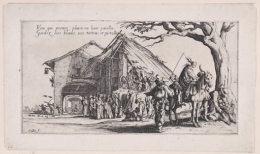 Roma travellers outside an inn; a scene of fortune-telling in the mid-ground [historically known as La Halte des Bohémiens: Les Diseuses de Bonne Aventure (The Gypsy Stopover: The Fortune Tellers), from Le Bohémiens, série appelée aussi Les Égyptiens, La Marche des Bohémiens, La Vie Errante des Bohé
