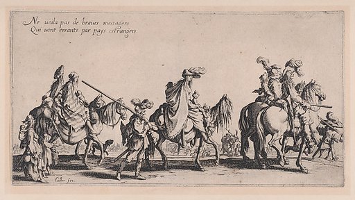 Procession of Roma men, women, and children on horseback and on foot