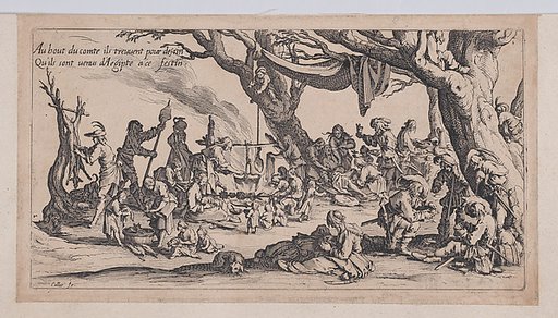 A Roma camp [historically known as Le Halte des Bohémiens: Les Apprêts du Festin (The Gypsy Stopover: The Preparations for the Feast) , from "Le Bohémiens, série appelée aussi Les Égyptiens, La Marche des Bohémiens, La Vie Errante des Bohémiens, Les Marches Égyptiennes" (The Gypsies, series also cal
