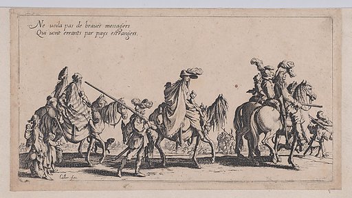 Roma men, women, and children on horseback and on foot [historically known as Les Bohémiens en Marche, pièce aussi appelée L'Avant-Garde (The Gypsies Travelling, piece also called The Advance Gard), from "Le Bohémiens, série appelée aussi Les Égyptiens, La Marche des Bohémiens, La Vie Errante des Bo