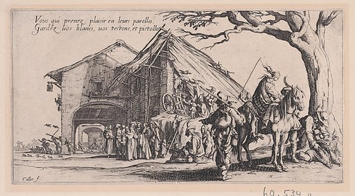 Roma travellers outside an inn; a scene of fortune-telling in the mid-ground [historically known as La Halte des Bohémiens: Les Diseuses de Bonne Aventure (The Gypsy Stopover: The Fortune Tellers), from "Le Bohémiens, série appelée aussi Les Égyptiens, La Marche des Bohémiens, La Vie Errante des Boh
