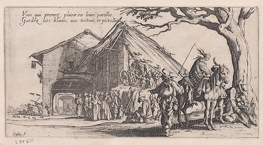 Roma travellers outside an inn; a scene of fortune-telling in the mid-ground [historically known as La Halte des Bohèmiens: Les Diseuses de Bonne Aventure (The Gypsy Stopover: The Fortune Tellers), from "Le Bohémiens, série appelée aussi Les Égyptiens, La Marche des Bohémiens, La Vie Errante des Boh