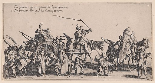 Procession of Roma men, women, and children with horse-drawn cart