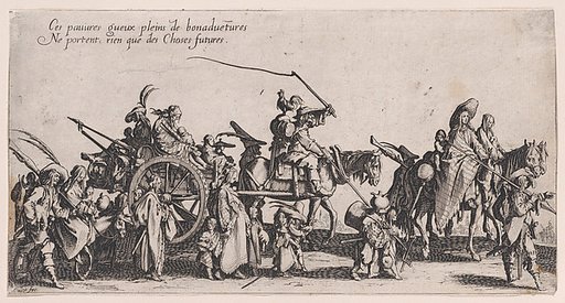Procession of Roma men, women, and children with horse-drawn cart