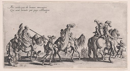 Roma men, women, and children on horseback and on foot [historically known as Les Bohémiens en Marche, pièce aussi appelée L'Avant-Garde (The Gypsies Travelling, piece also called The Advance Gard), from "Le Bohémiens, série appelée aussi Les Égyptiens, La Marche des Bohémiens, La Vie Errante des Bo
